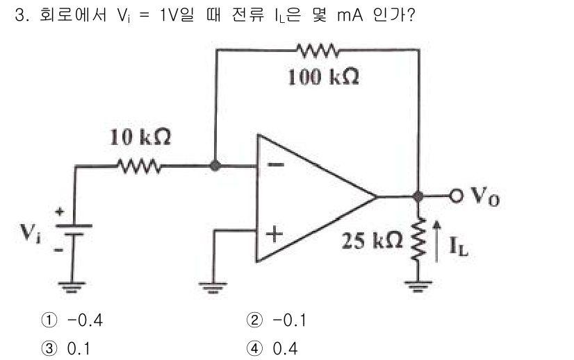 전자산업기사 2020년 3번 - 이 회로에서 입력 전압 \( V_i = 1V \)일 때, 반전 증폭기의 ... 에 관한 핵심 기출문제