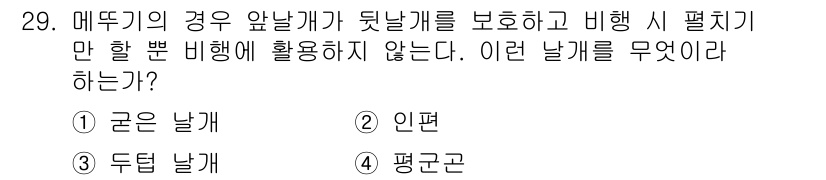 식물보호산업기사 2020년 29번 - 메뚜기와 같이 앞날개가 뒷날개를 보호하면서 비행하는 경우, 일반적으로 뒷... 에 관한 핵심 기출문제