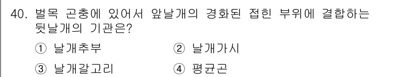 식물보호산업기사 2020년 40번 - 뒷날개는 '날개갈고리'에 결합하는 구조로, 특히 벌목 곤충에서 이 부분은... 에 관한 핵심 기출문제