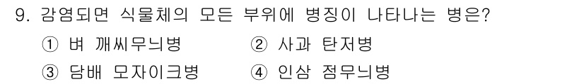 식물보호산업기사 2020년 9번 - 정답은 '담배 모자이크병'입니다. 이 병은 감염되면 식물체의 모든 부위에... 에 관한 핵심 기출문제