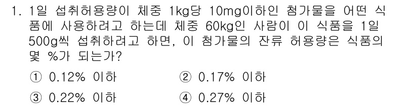 식품산업기사(구) 2020년 1번 - 1일 섭취 허용량이 체중 1kg당 10mg인 경우, 60kg인 사람의 최... 에 관한 핵심 기출문제
