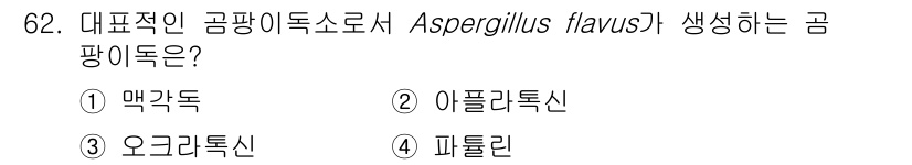 식품산업기사 2020년 62번 - Aspergillus flavus는 대표적으로 아플라톡신을 생성하는 곰팡... 에 관한 핵심 기출문제