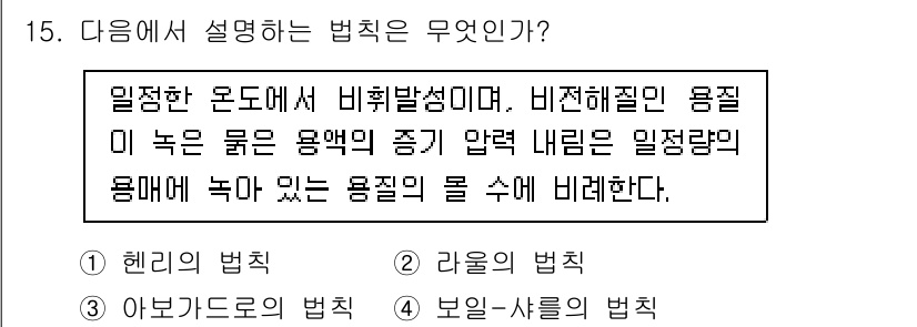 위험물산업기사 2020년 15번 - 주어진 설명은 '라울의 법칙'에 해당합니다. 라울의 법칙은 용액에서 비휘... 에 관한 핵심 기출문제
