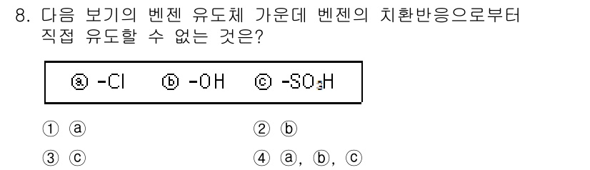 위험물산업기사 2020년 8번 - 벤젠 유도체에서 주어진 치환 반응의 가능성을 고려할 때, -Cl(클로르)... 에 관한 핵심 기출문제