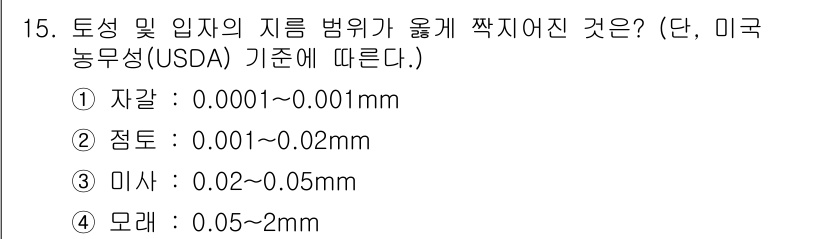 자연생태복원산업기사 2020년 15번 - 주어진 문제는 USDA 기준에 따른 토양 입자의 크기 범위를 묻고 있습니... 에 관한 핵심 기출문제