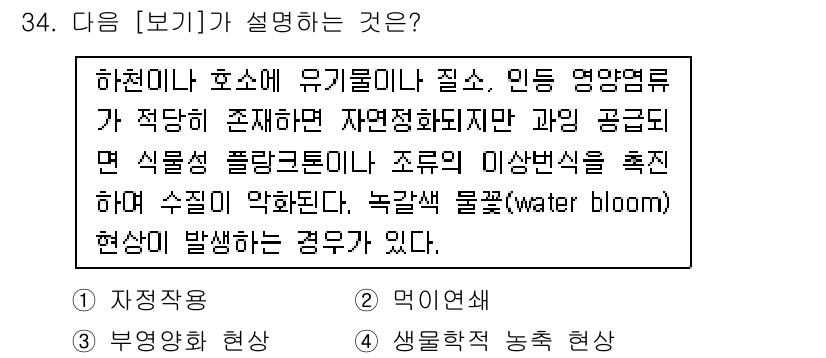 자연생태복원산업기사 2020년 34번 - 주어진 내용은 하천이나 호소에서 유기물질과 영양염류가 과도하게 존재할 때... 에 관한 핵심 기출문제