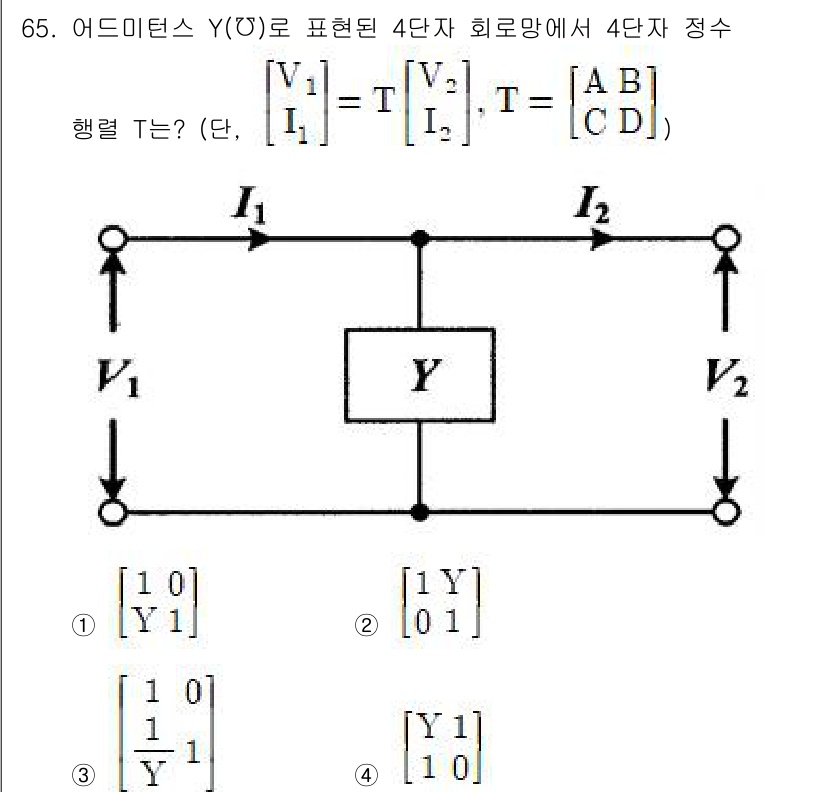 전기공사산업기사 2020년 65번 - 주어진 회로에서 4단자 정수 T는 입력과 출력을 연결하는 관계를 나타냅니... 에 관한 핵심 기출문제