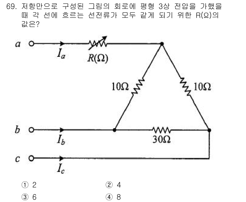 전기공사산업기사 2020년 69번 - 이 회로에서 각 선으로 흐르는 전류가 같아지려면 직렬과 병렬로 연결된 저... 에 관한 핵심 기출문제