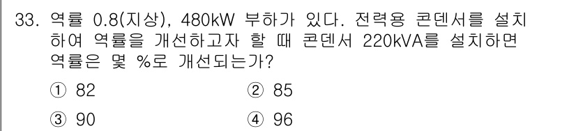 전기산업기사 2020년 33번 - 전력 시스템에서 역률 개선을 위해 콘덴서를 설치하면 유효 전력과 무효 전... 에 관한 핵심 기출문제