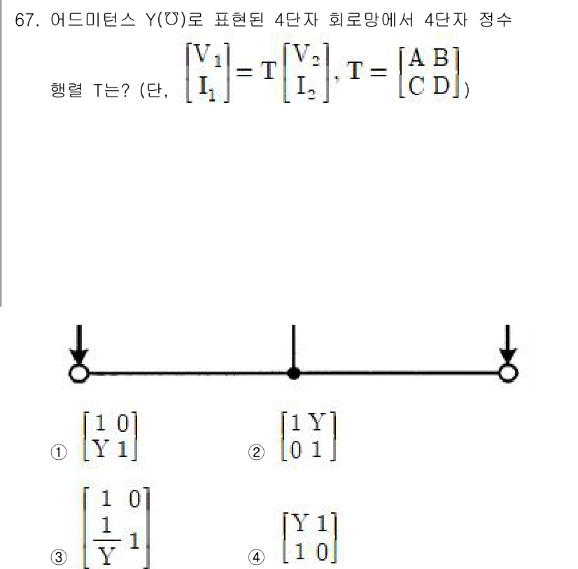 전기산업기사 2020년 67번 - 주어진 회로는 4단자의 전기 회로로, 어드미턴스 \( Y \) 매트릭스를... 에 관한 핵심 기출문제