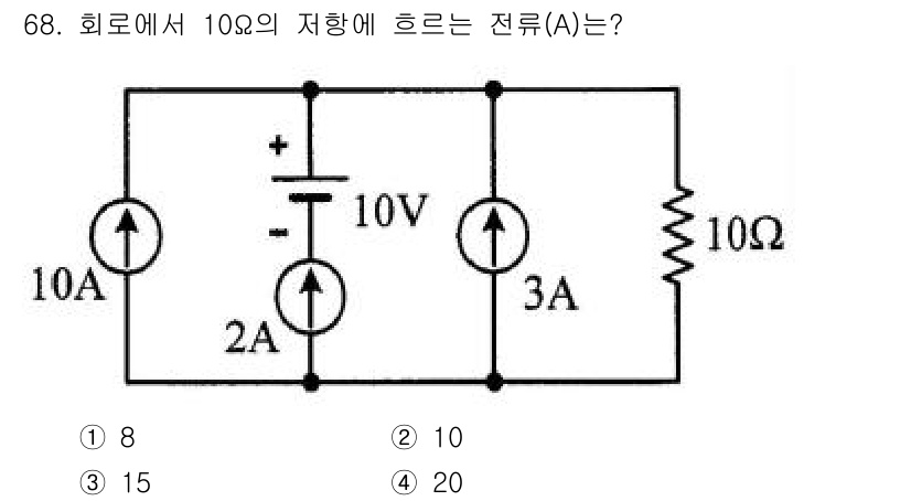 전기산업기사 2020년 68번 - 주어진 회로에서 전류의 법칙(키르히호프의 법칙)을 적용하여 총 전류를 계... 에 관한 핵심 기출문제
