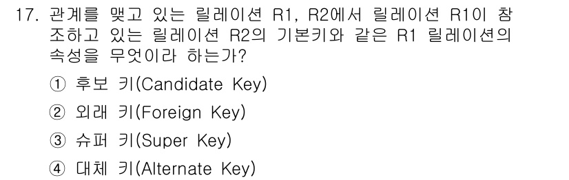 정보처리산업기사 2020년 17번 - 문제에서 설명한 관계 R1과 R2의 기본 키는 R1의 속성과 관련이 있습... 에 관한 핵심 기출문제