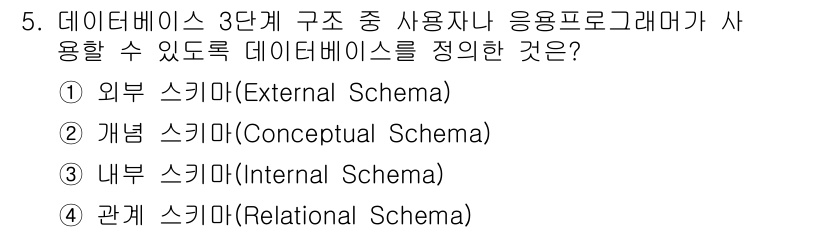 정보처리산업기사 2020년 5번 - 정답은 '1' 외부 스키마(External Schema)입니다. 외부 스... 에 관한 핵심 기출문제