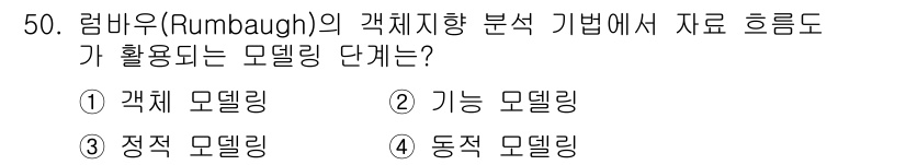 정보처리산업기사 2020년 50번 - 답은 '2. 기능 모델링'입니다. 럼바우의 객체 지향 분석 방법에서 기능... 에 관한 핵심 기출문제