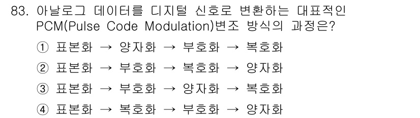 정보처리산업기사 2020년 83번 - PCM(Pulse Code Modulation) 변조 과정에서는 아날로그... 에 관한 핵심 기출문제