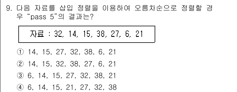 정보처리산업기사 2020년 9번 - 주어진 데이터 ‘32, 14, 15, 38, 27, 6, 21’을 오름차... 에 관한 핵심 기출문제