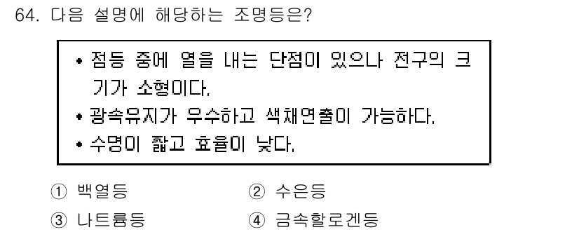 조경산업기사 2020년 64번 - 이 설명은 '백열등'에 해당합니다. 백열등은 필라멘트가 가열되어 빛을 발... 에 관한 핵심 기출문제