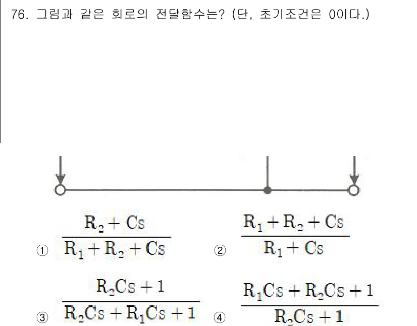 철도신호산업기사 2020년 76번 - 이 문제는 전달 함수의 구성을 묻고 있습니다. 주어진 회로에서 R1, R... 에 관한 핵심 기출문제