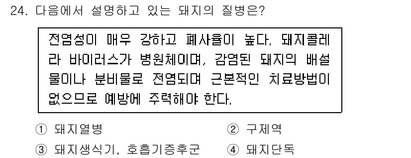 축산산업기사 2020년 24번 - 주어진 설명은 돼지열병을 특징짓고 있습니다. 돼지열병은 전염성이 강하고 ... 에 관한 핵심 기출문제
