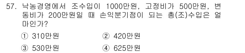 축산산업기사 2020년 57번 - 손익분기점은 총 매출이 총 비용과 같아지는 지점을 말합니다. 주어진 조수... 에 관한 핵심 기출문제