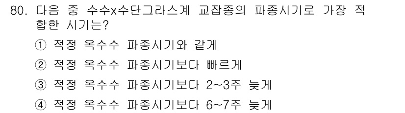 축산산업기사 2020년 80번 - 교잡종의 파종시기는 적정 옥수수 파종시기보다 통상적으로 늦습니다. 교잡종... 에 관한 핵심 기출문제