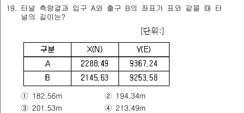 측량및지형공간정보산업기사 2020년 19번 - 터널의 길이는 두 점 A와 B 간의 거리로 계산할 수 있습니다. 두 점의... 에 관한 핵심 기출문제