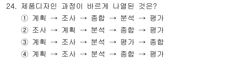 컬러리스트산업기사 2020년 24번 - 제품 디자인 과정은 일반적으로 '계획 → 조사 → 분석 → 종합 → 평가... 에 관한 핵심 기출문제