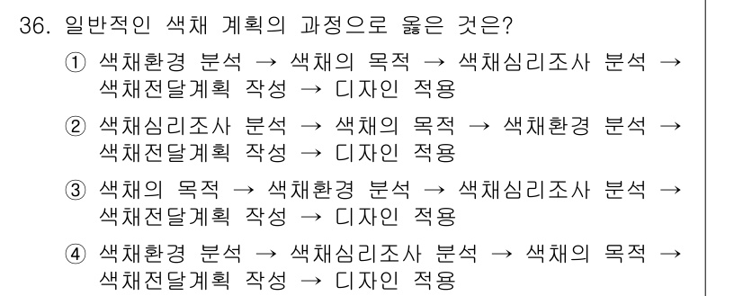 컬러리스트산업기사 2020년 36번 - 색채 계획의 과정에서 '색채의 목적'을 먼저 설정하면 이후의 분석과 계획... 에 관한 핵심 기출문제