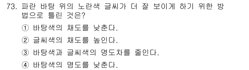 컬러리스트산업기사 2020년 73번 - 글씨 색이 더 잘 보이게 하려면 바탕색과 글씨색의 명도 차이를 줄이는 것... 에 관한 핵심 기출문제
