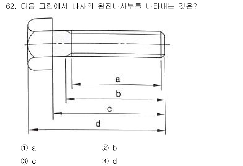 컴퓨터응용가공산업기사 2020년 62번 - 사각 기입부 또는 나사의 완전 나사부는 보통 나사의 시작 부분부터 끝까지... 에 관한 핵심 기출문제