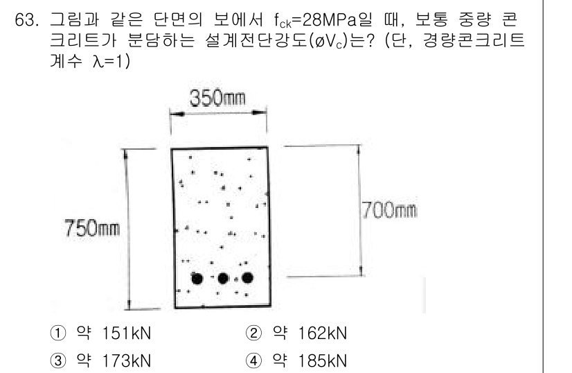 콘크리트산업기사 2020년 63번 - 주어진 문제는 보의 단면에서 휨 모멘트를 고려하여 설계 전단 강도를 구하... 에 관한 핵심 기출문제