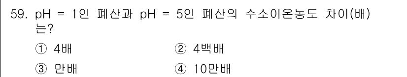 폐기물처리산업기사 2020년 59번 - pH는 수소 이온 농도의 로그 값으로, pH가 1에서 5로 변화할 때 수... 에 관한 핵심 기출문제