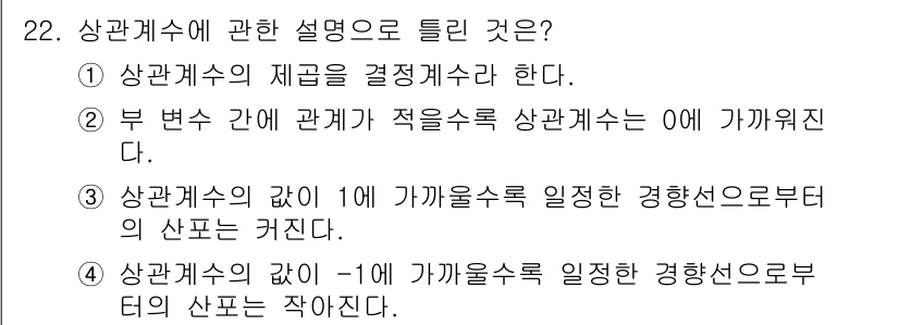 품질경영산업기사 2020년 22번 - 상관계수에 관한 설명 중 틀린 것은 3번입니다. 상관계수의 값이 1에 가... 에 관한 핵심 기출문제