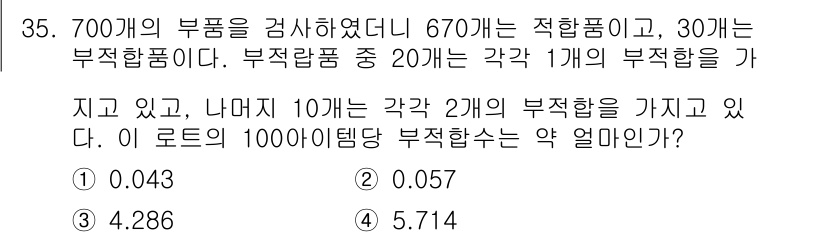 품질경영산업기사 2020년 35번 - 이 문제에서는 총 700개의 부품 중 30개가 부적합품임을 파악해야 합니... 에 관한 핵심 기출문제