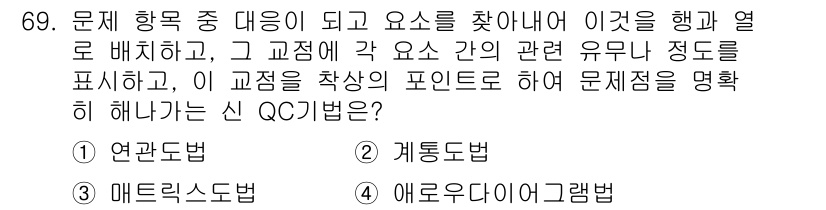 품질경영산업기사 2020년 69번 - 정답이 '3'인 이유는 매트릭스 도법이 문제의 요소들을 행과 열로 배열하... 에 관한 핵심 기출문제