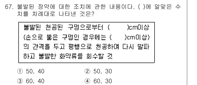 화약류관리산업기사 2020년 68번 - 불발된 장약의 처리에서 처음 구명은 반드시 60cm 이상이어야 하며, 손... 에 관한 핵심 기출문제