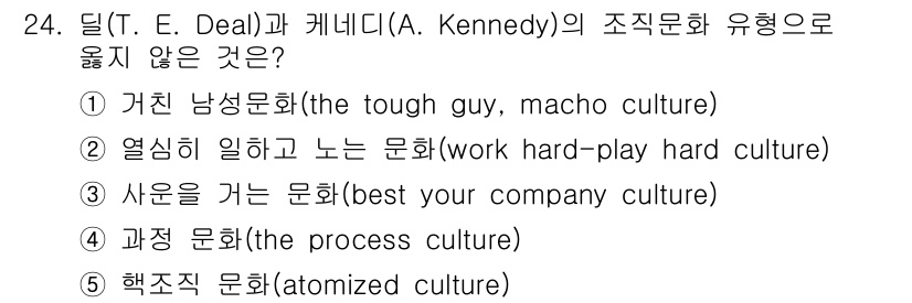 유통관리사_2급 2019년 24번 - 딜과 케네디의 조직문화 유형은 주로 강한 중간자적 성향과 사람 중심의 문... 에 관한 핵심 기출문제