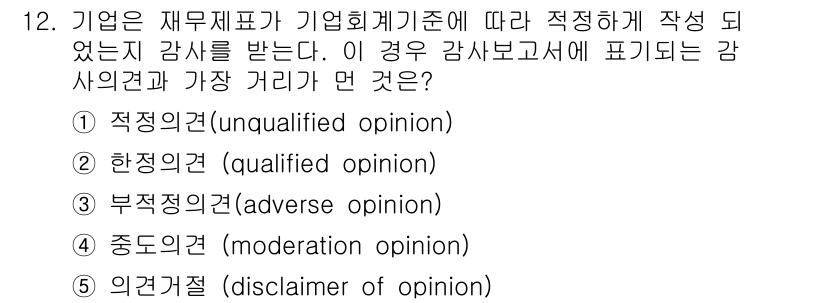 유통관리사_1급 2015년 12번 - '4'인 중도의견은 기업의 재무제표가 회계기준에 준수하였지만, 특정 사항... 에 관한 핵심 기출문제