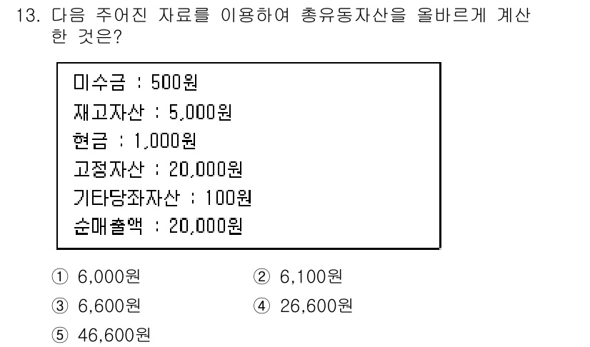 유통관리사_1급 2015년 13번 - 주어진 자료에서 총유동자산은 미수금, 재고자산, 현금으로 구성됩니다. 각... 에 관한 핵심 기출문제