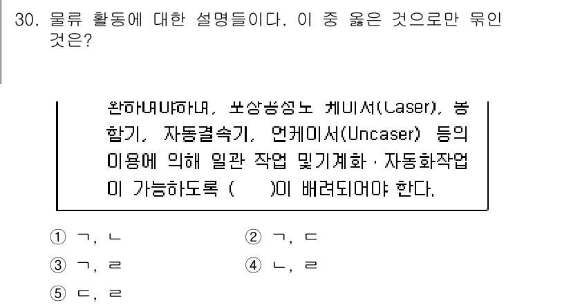 유통관리사_1급 2015년 30번 - 주어진 문제는 물류 활동에 대한 설명의 적합성을 묻고 있습니다. 정답인 ... 에 관한 핵심 기출문제