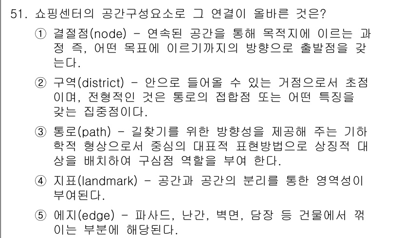 유통관리사_1급 2015년 51번 - 정답 '5'는 '에지(edge)'가 쇼핑 센터의 공간구성 요소로서 주어진... 에 관한 핵심 기출문제