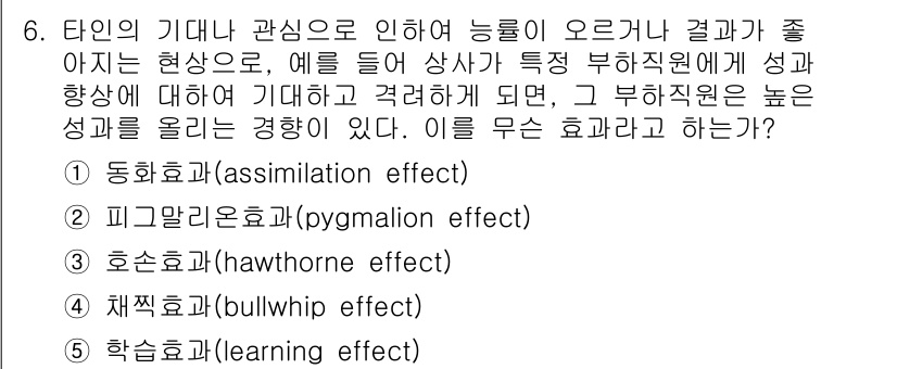 유통관리사_1급 2015년 6번 - 이 문제에서 정답인 '피그말리온 효과(pygmalion effect)'는... 에 관한 핵심 기출문제