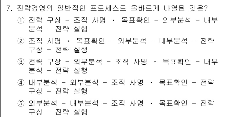 유통관리사_1급 2015년 7번 - 정답 '2'는 전략경영의 일반적인 프로세스를 잘 나타내고 있습니다. 조직... 에 관한 핵심 기출문제