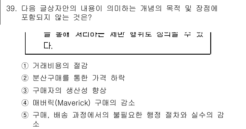 유통관리사_1급 2016년 39번 - 정답 '2'는 '분산구매를 통한 가격 하락'이란 내용이 글상자에서 다루는... 에 관한 핵심 기출문제