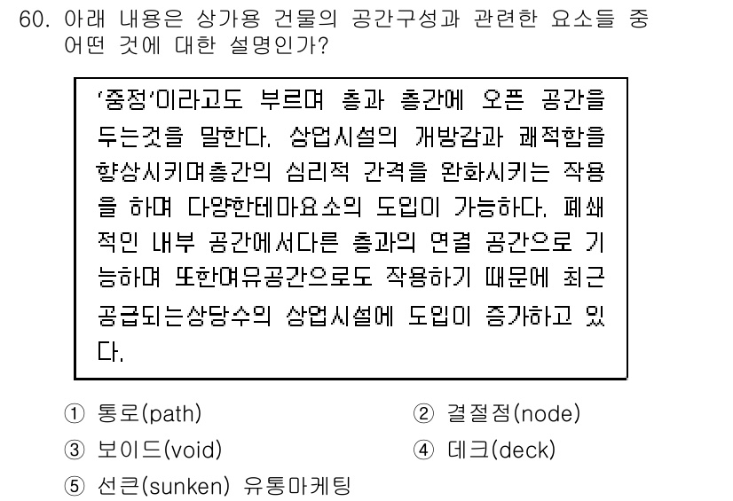 유통관리사_1급 2016년 60번 - 주어진 내용은 '공간 구성'과 관련해 '중정'을 설명하고 있습니다. 중정... 에 관한 핵심 기출문제