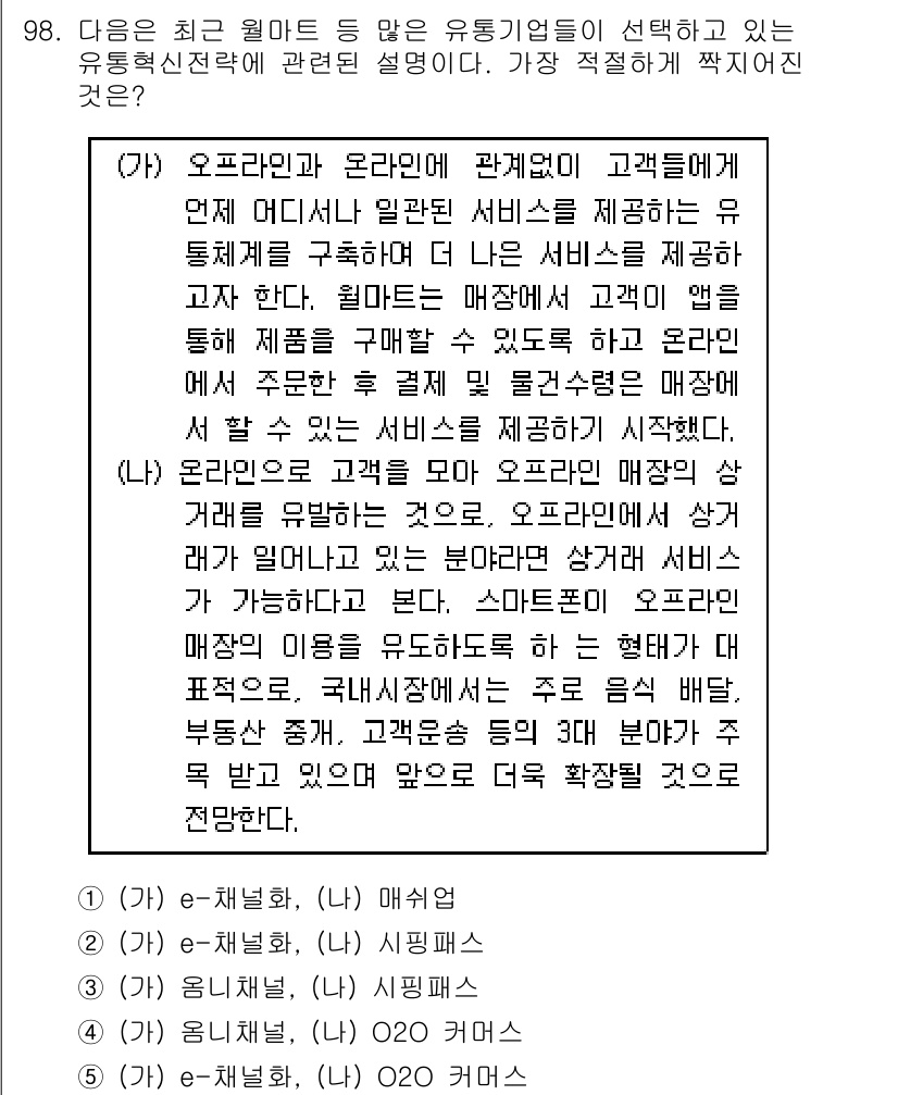 유통관리사_1급 2016년 98번 - 주어진 설명에서 "온라인으로 고객을 유도하는 것"과 "오프라인 매장에서 ... 에 관한 핵심 기출문제