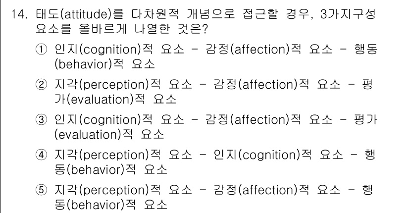 유통관리사_1급 2017년 14번 - 해답 '1'은 태도의 세 가지 구성 요소인 인지, 감정, 행동을 올바르게... 에 관한 핵심 기출문제