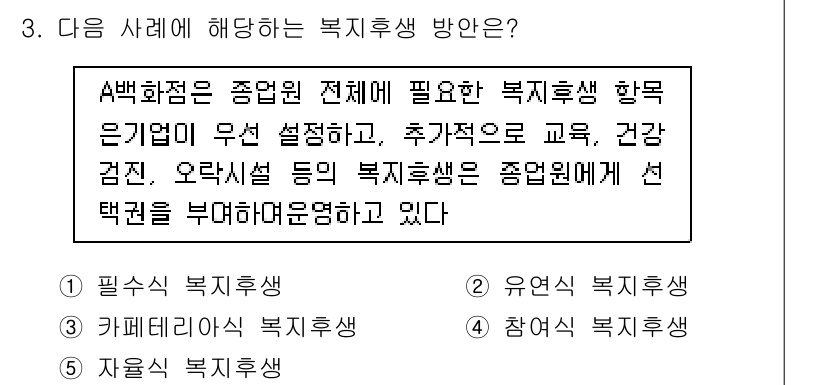유통관리사_1급 2017년 3번 - 주어진 사례는 복지후생의 필요성과 선택을 강조하고 있습니다. 종업원의 복... 에 관한 핵심 기출문제