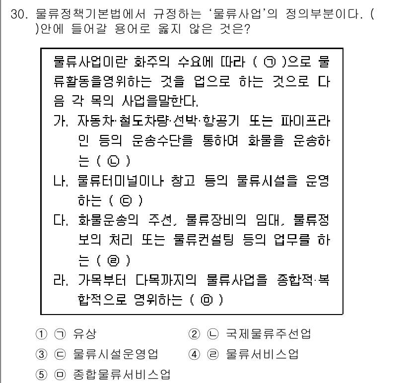 유통관리사_1급 2017년 30번 - '물류사업'의 정의와 관련하여, 주어진 선택지 중 '국제물류선언(②)'은... 에 관한 핵심 기출문제