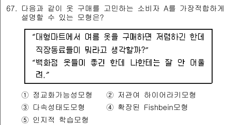 유통관리사_1급 2017년 67번 - 정답 '4'인 확대된 Fishbein 모형은 소비자의 구매 결정 과정에서... 에 관한 핵심 기출문제